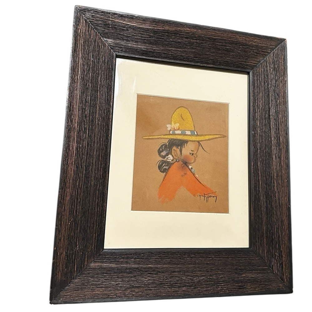 Vintage Gerda Christoffersen Lithograph Print Handpainted Girl Velvet 8x10 Frame